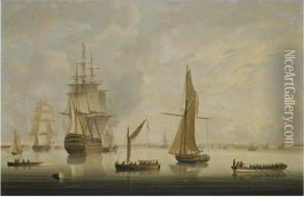 A British Man-of-war Being Towed Into Portsmouth Harbour By A Steamtug Oil Painting - Thomas Buttersworth