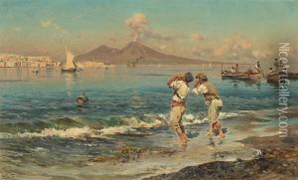 A View Of The Bay Of Naples With Fishermen Inthe Foreground Oil Painting - Antonino Leto