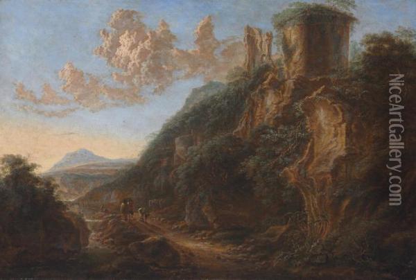 An Italianate Landscape With Travelers On A Path By A Ruin Oil Painting - Gillis Neyts