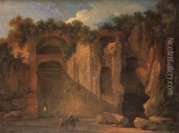 View Of A Grotto Near Naples With Travellers Oil Painting - Paolo Anesi