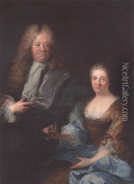Double Portrait Of A Nobleman, Three Quarter Length, In Robes And His Wife, Seated Half Length, In A Dress Oil Painting - Robert Levrac-Tournieres
