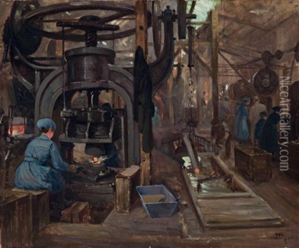 Women's War Work: The Foundry Oil Painting - Albert Henry Fullwood