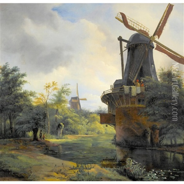 Flusslandschaft Mit Windmuhlen Oil Painting - Hermanus Jan Hendrik Rijkelijkhuysen