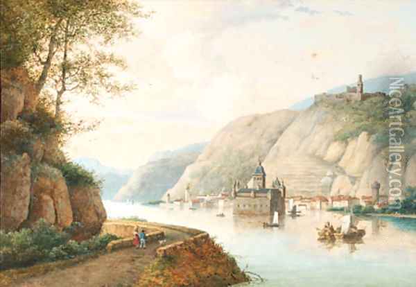 A view of the Pfalzgrafenstein at Kaub on the river Rhine, Gutenfels Castle above Oil Painting - Henri Knip