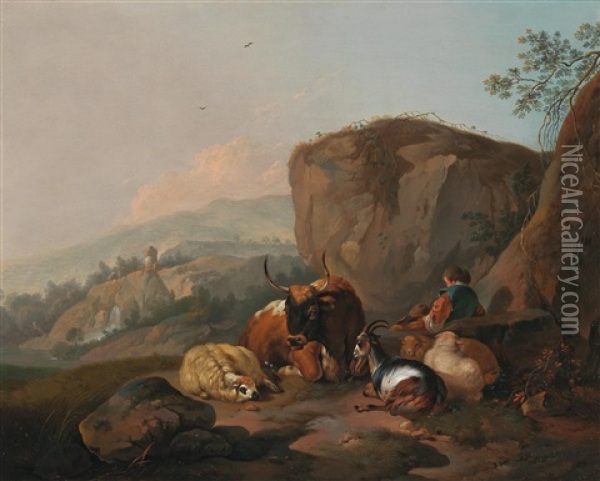 A Pair Of Italian Landscapes With Shepherds And Their Flocks Oil Painting - Johann Heinrich Roos