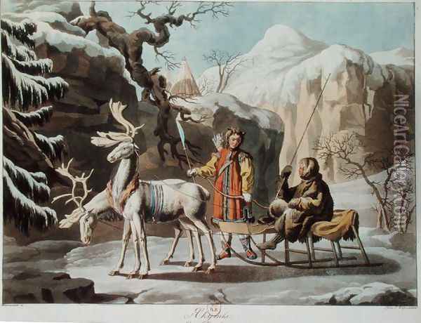 Yakuts of central Siberia in winter landscape, clad in furs and with a reindeer sledge, published 1813 Oil Painting - Anonymous Artist
