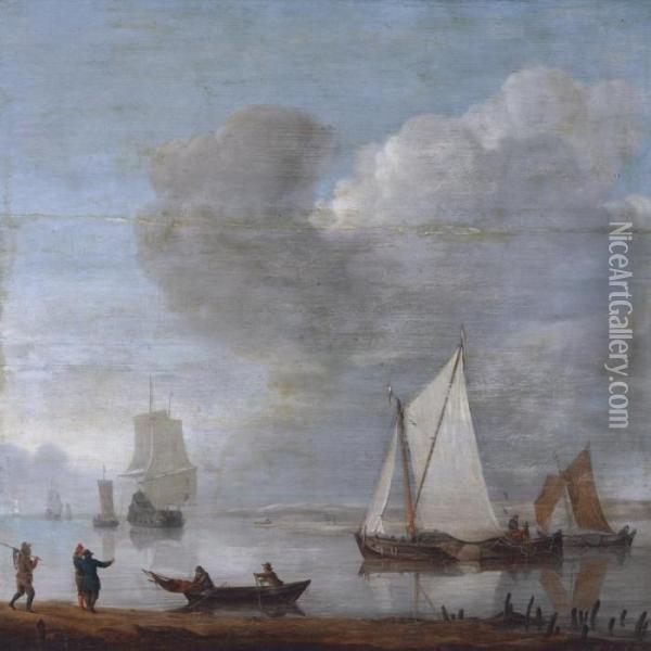 Dutch Shipping Moored In An Estuary Oil Painting - Francis Swaine