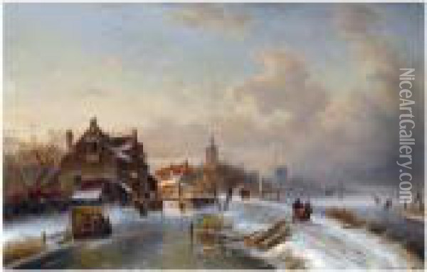 Ice Skaters And A 'koek And Zopie' Near A Wintry Dutch Town Oil Painting - Charles Henri Leickert