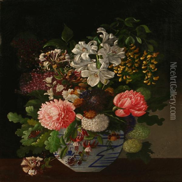 Colourful Flowers In A Chinese Bojan Oil Painting - A. Ackerberg