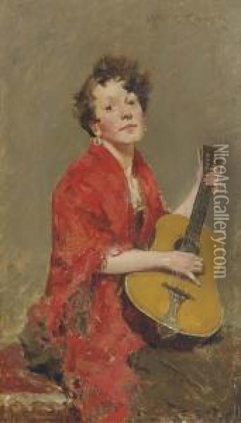 Girl With Guitar Oil Painting - William Merritt Chase