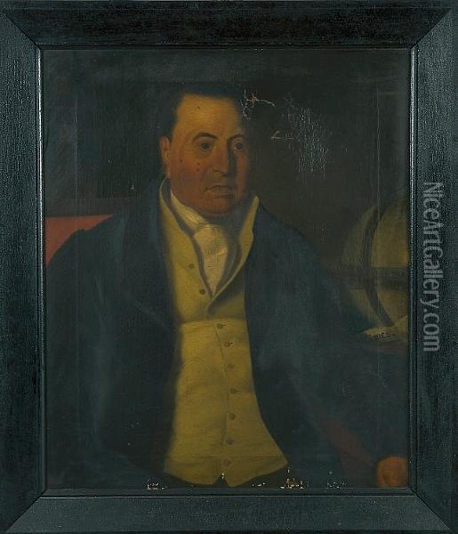 Portrait Of A Gentleman, Seated In A Chair, A Bookcase With Leather Bindings Beyond, A Globe And Copy Of Times Newspaper By His Side Oil Painting - B. Hubbard