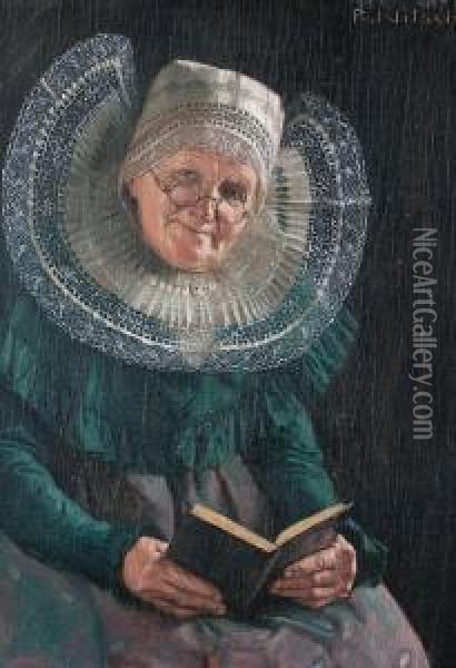 Portrait Of An Elderly Lady, Seated, With Alarge White Lace Collar Holding A Book Oil Painting - Richard Nitsch