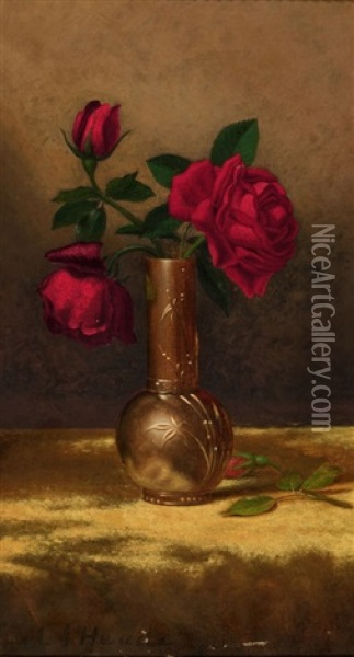 Red Roses In A Japanese Vase On A Gold Velvet Cloth Oil Painting - Martin Johnson Heade