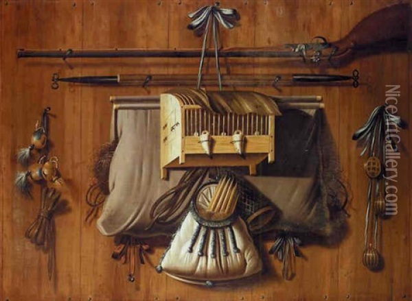 A Trompe L'oeil Still Life Of Implements Of The Chase, Including A Musket, A Bag Of Snares, A Bag Containing A Net And Other Hunting Implements Oil Painting - Johannes Leemans
