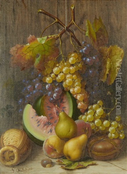 Still Life Of Fruit With Grapes, Watermelon And Pears Oil Painting - Giuseppe Falchetti