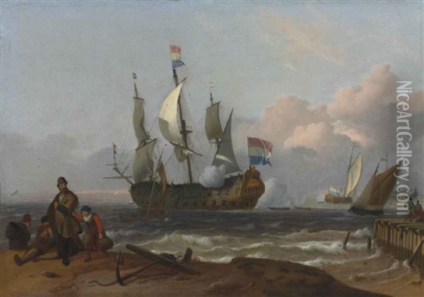A Dutch Man-of-war Firing A Salute And Other Shipping Off An Island, Possibly Texel, With Fishermen On The Shore In The Foreground And Others On A Pier Oil Painting - Ludolf Backhuysen the Elder