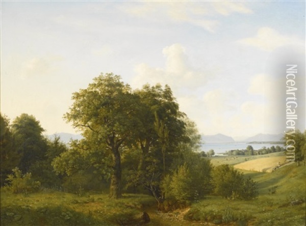 View Of Lake Starnberg Near Munich Oil Painting - Johann Christian Ziegler