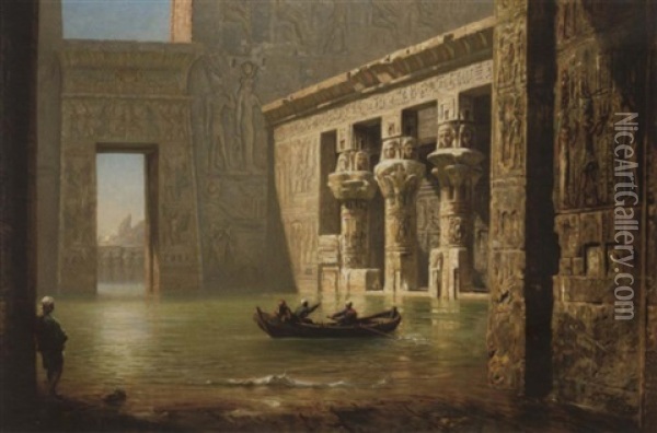 View Inside The Temple Of Philae, Egypt Oil Painting - Ernest Karl Eugen Koerner