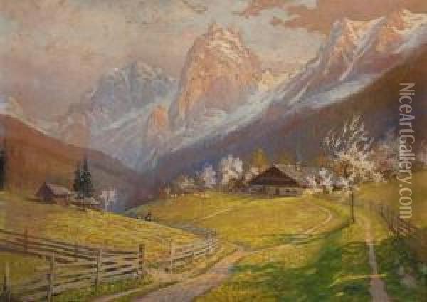 Figures Walking In An Alpine Landscape Oil Painting - Georg Janny