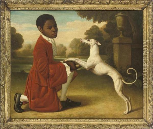A Page Boy With A White Whippet, In A Classical Landscape Oil Painting - George Stubbs