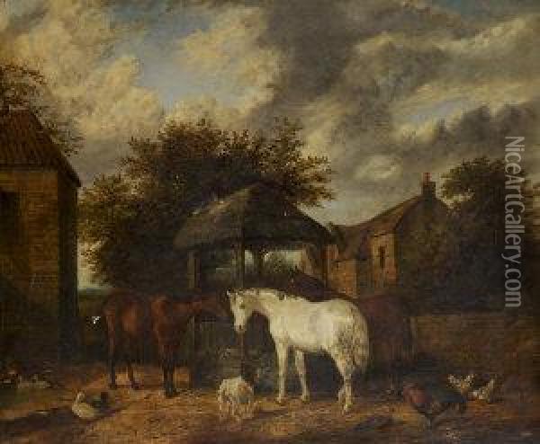 Horses In A Farmyard Oil Painting - Joseph Clark