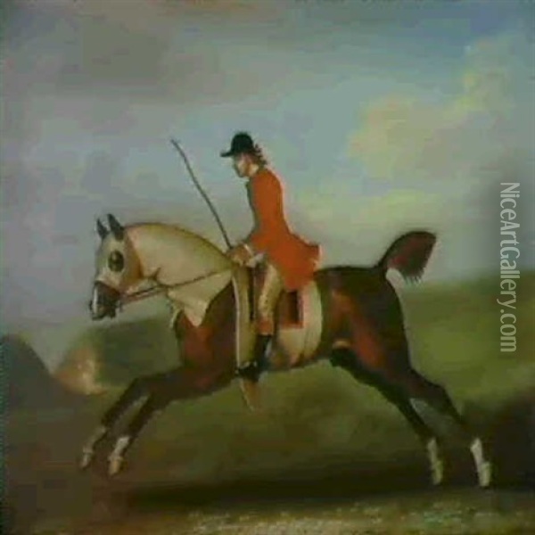 A Bay Racehorse With Jockey Up By The Gap At Newsmarket Oil Painting - James Seymour