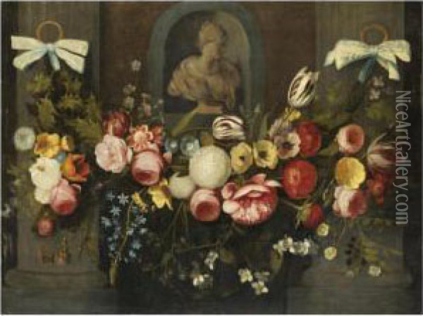 A Garland Of Flowers, Tied With Blue Ribbons, Below A Sculpted Bust Oil Painting - Jan Philip van Thielen