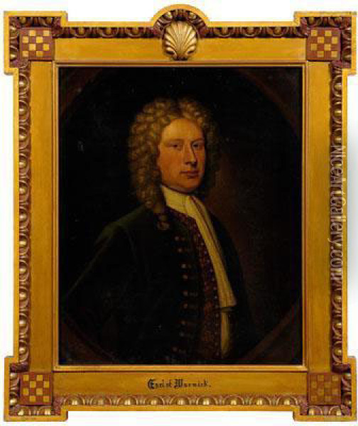 British Portrait,
Wigged Nobleman Wearing A Green Velvet Frock Coat And Brocaded
 Vestk Oil Painting - Master Of The Leonardesque Female Portraits