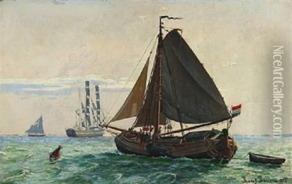 Sea Scape With A Dutch Kuf And A Warship Oil Painting - Thorolf Pedersen