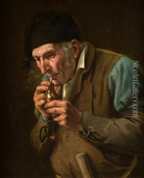Viejo Fumador Oil Painting - Joaquin Agrasot y Juan