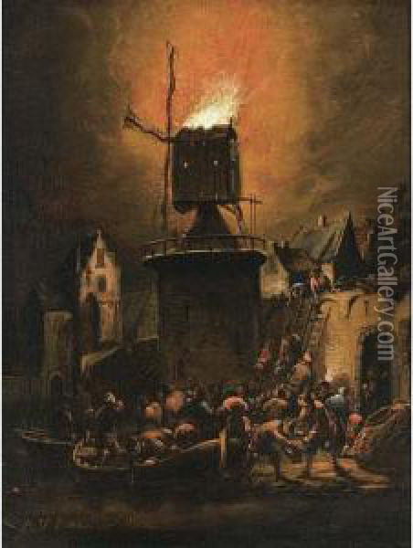A Burning Mill At Night Oil Painting - Adriaen Lievensz van der Poel