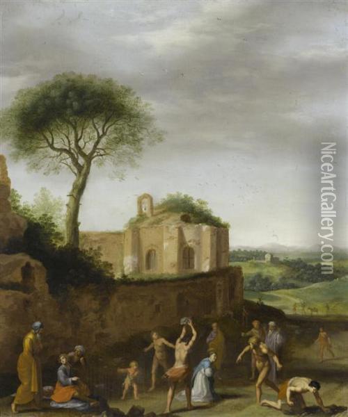 Martyrdom Of Saint
Stephen In A Landscape With Roman Ruins Oil Painting - Cornelis Van Poelenburch