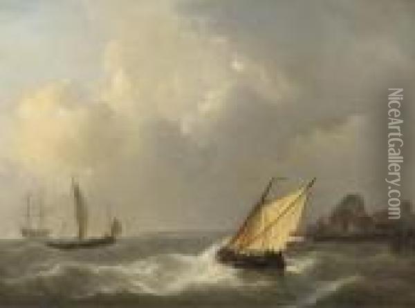 Sailing Vessels Off The Coast On Choppy Waters Oil Painting - Petrus Jan Schotel