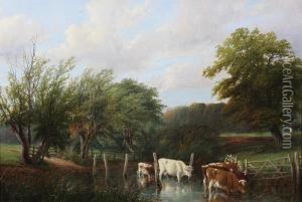 Cattle Watering At A Pond Oil Painting - Thomas Baker Of Leamington