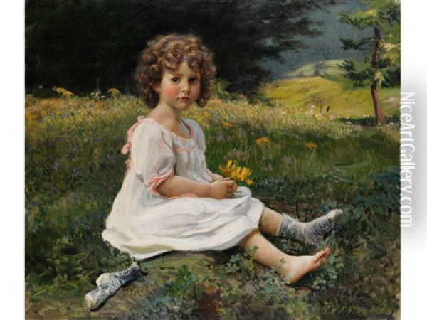 Bildnis Eines Kleinen Madchens In Weissem Kleid Auf Einer Blumenwiese Vor Einem Waldrand Oil Painting - Gottfried Hofer
