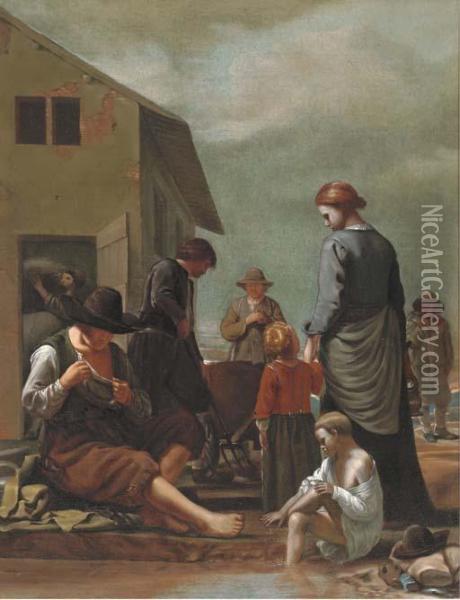 A Peasant Family With A Man Defleaing Himself Oil Painting - Michiel Sweerts