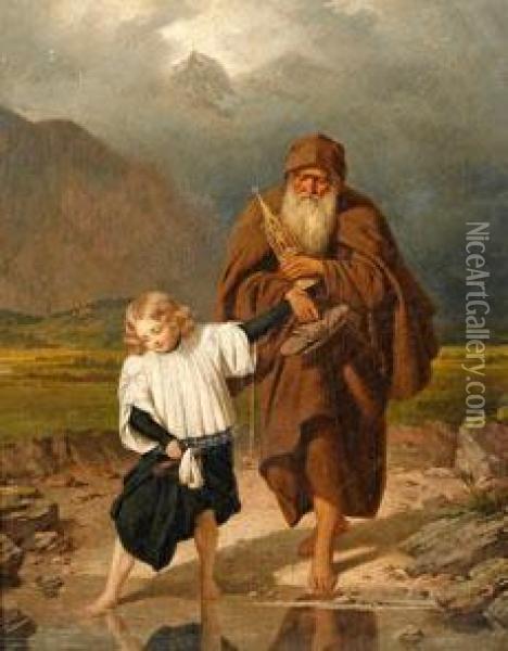 Der Messner Von Einem Knaben Durchs Wasser Geleitet Oil Painting - Eduard Daege