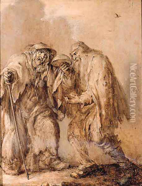An old couple begging he holding an upturned bowl, she holding a cane - en brunaille Oil Painting - Adriaen Pietersz. Van De Venne