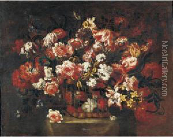 Still Life Of Flowers In A Basket Oil Painting - Gabriel De La Corte
