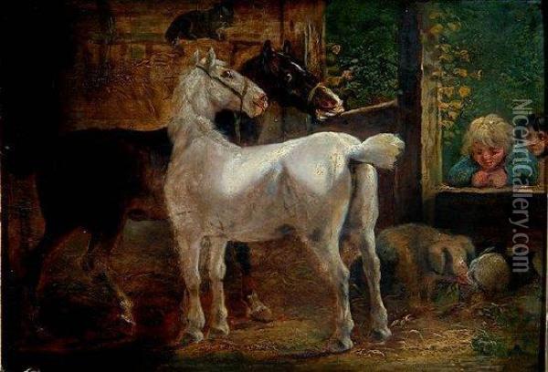 Horses And Pigs In A Stable Overlooked By Two Children Oil Painting - George Morland