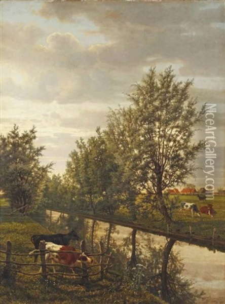Au Bord Du Canal Oil Painting - Jean Pierre Francois Lamoriniere