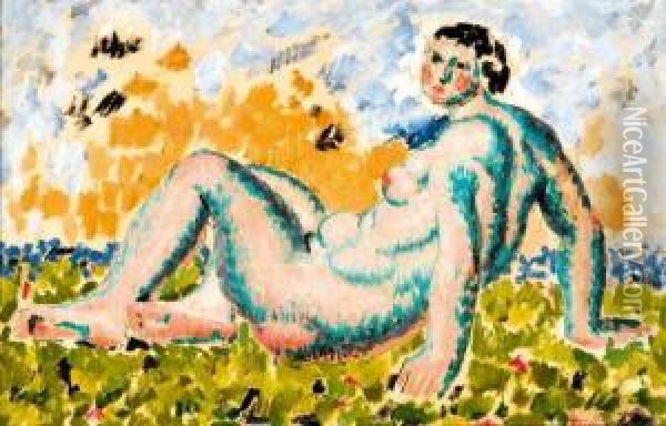 Jeune Femme Brune Allongee Dans L'herbe, Circa 1920 Oil Painting - Jules Oury, Dit Marcel-Lenoir