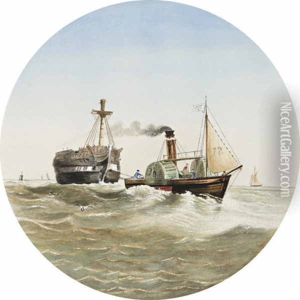 Steamer Working On The Bay Oil Painting - Samuel Thomas Gill