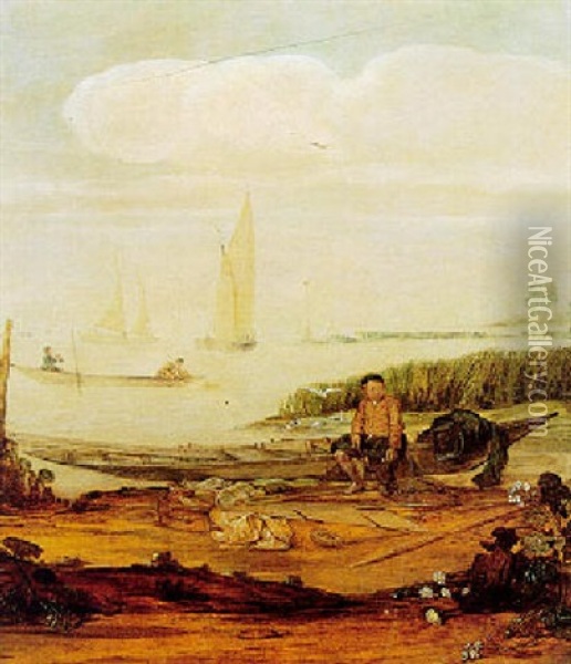 River Landscape With Fishermen And A Young Boy With Fishing Nets Oil Painting - Arent (Cabel) Arentsz