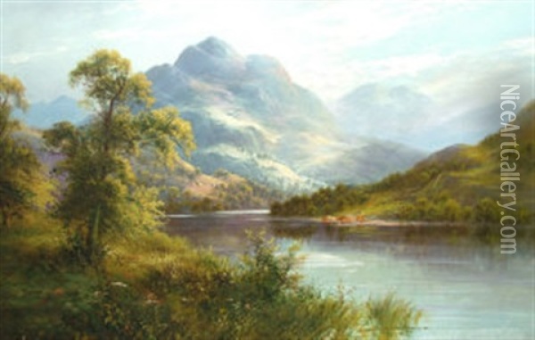 Cattle In A Mountain Lake Scene And Traveler In A Mountain Landscape (pair) Oil Painting - Frank Hider