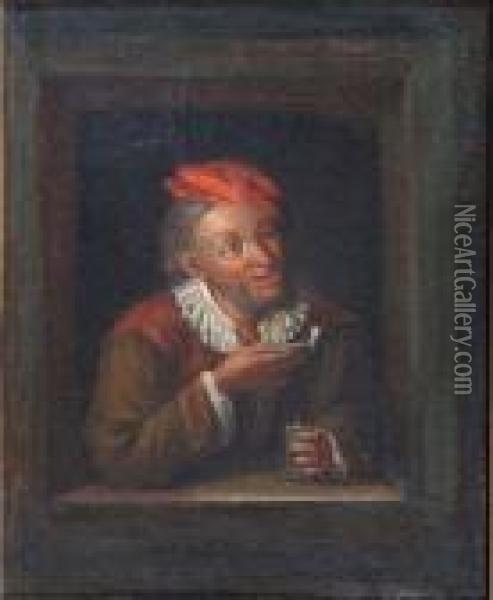 A Peasant Wearing Red Cap And Holding A Pipe Oil Painting - Gerrit Dou