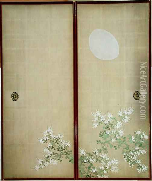 Moon with Hagi one of a pair of sliding doors Oil Painting - Suzuki Kiitsu