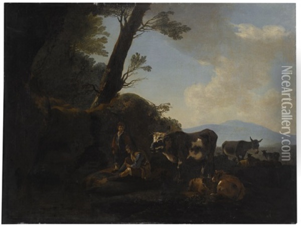 Two Shepherds By A Stream With Their Cattle Oil Painting - Adam Pynacker