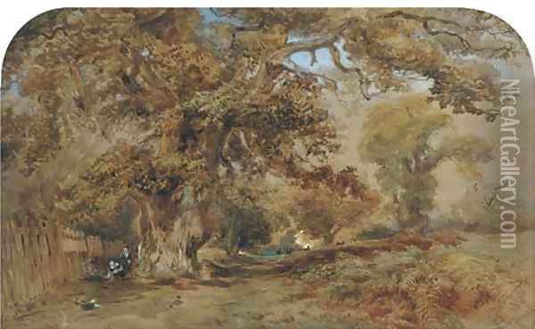 Figures by a path in a wooded landscape, with deer beyond Oil Painting - David Hall McKewan