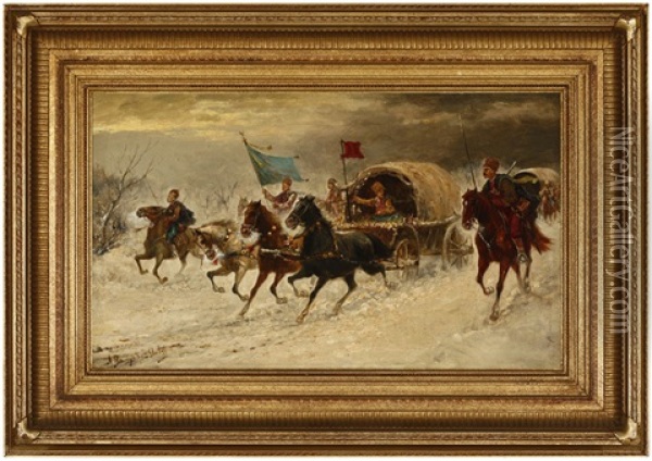 Cossacks With Wagons In The Snow Oil Painting - Adolf (Constantin) Baumgartner-Stoiloff